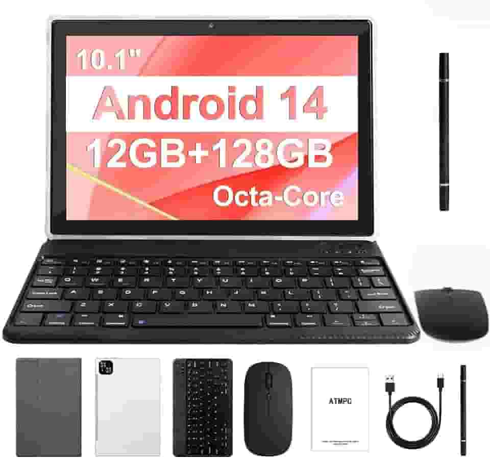 Tablet, 10 polegadas Android 14 tablets 12 GB (4 + 8 expansão) RAM 128 GB ROM, 1 TB expansível, tablet octa-core com teclado, mouse, Stylus, 1280 * 800 IPS, bateria de 6000 mAh, WiFi 6, BT 5.4