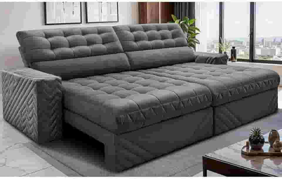 Sofá Retrátil e Reclinável 2,30m Molas Ensacadas Max Spring Velusoft Cinza Cama Inbox