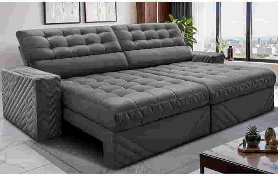 Sofá Retrátil e Reclinável 2,30m Molas Ensacadas Max Spring Velusoft Cinza Cama Inbox