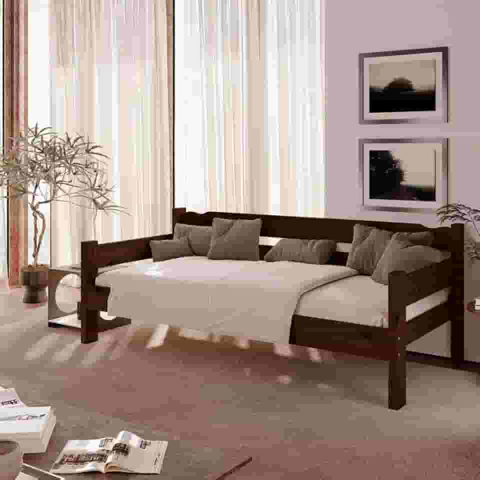 Sofá cama solteiro de madeira maciça Nemargi Castanho