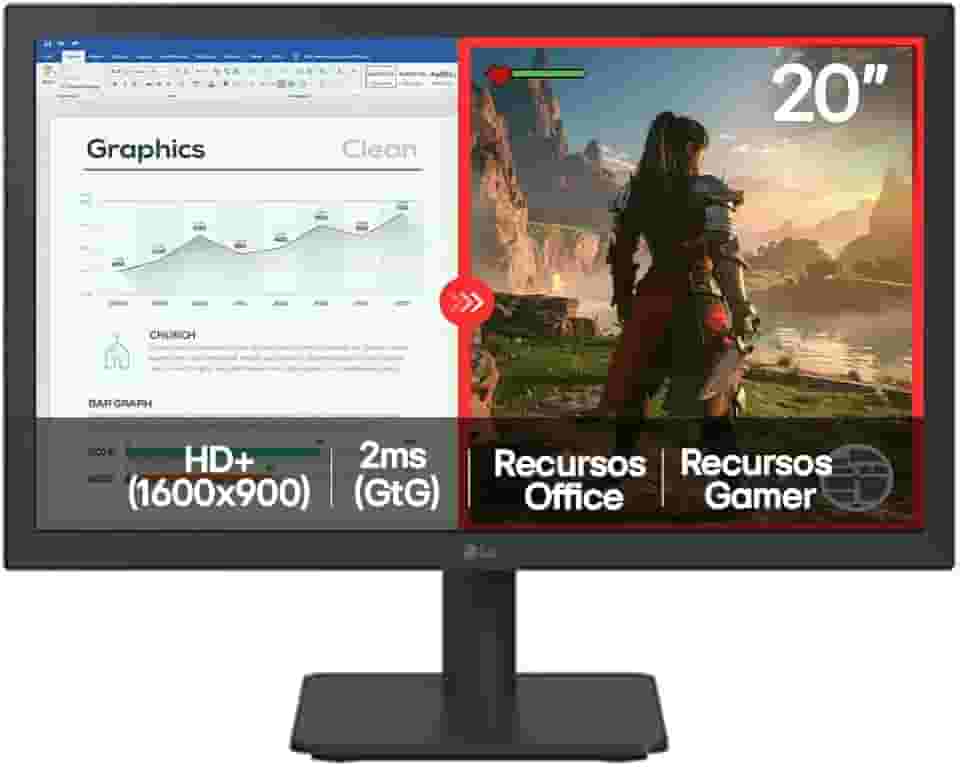 Monitor LG LED Home & Office - Tela 20” HD+, LG Switch, Modo leitura e Flicker Safe, HDMI, VGA, 2ms (GtG), 75Hz, Black Stabilizer, Dynamic Action Sync, Crosshair, saída fone de ouvido - 20U401A-B.AWZM