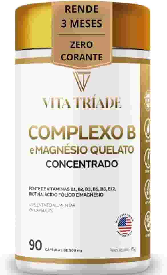 Complexo B Ultra Vita Tríade – Vitaminas B1, B2, B3, B5, B6, B9, B12, Biotina e Magnésio Quelato – 90 Cápsulas Rende 3 meses