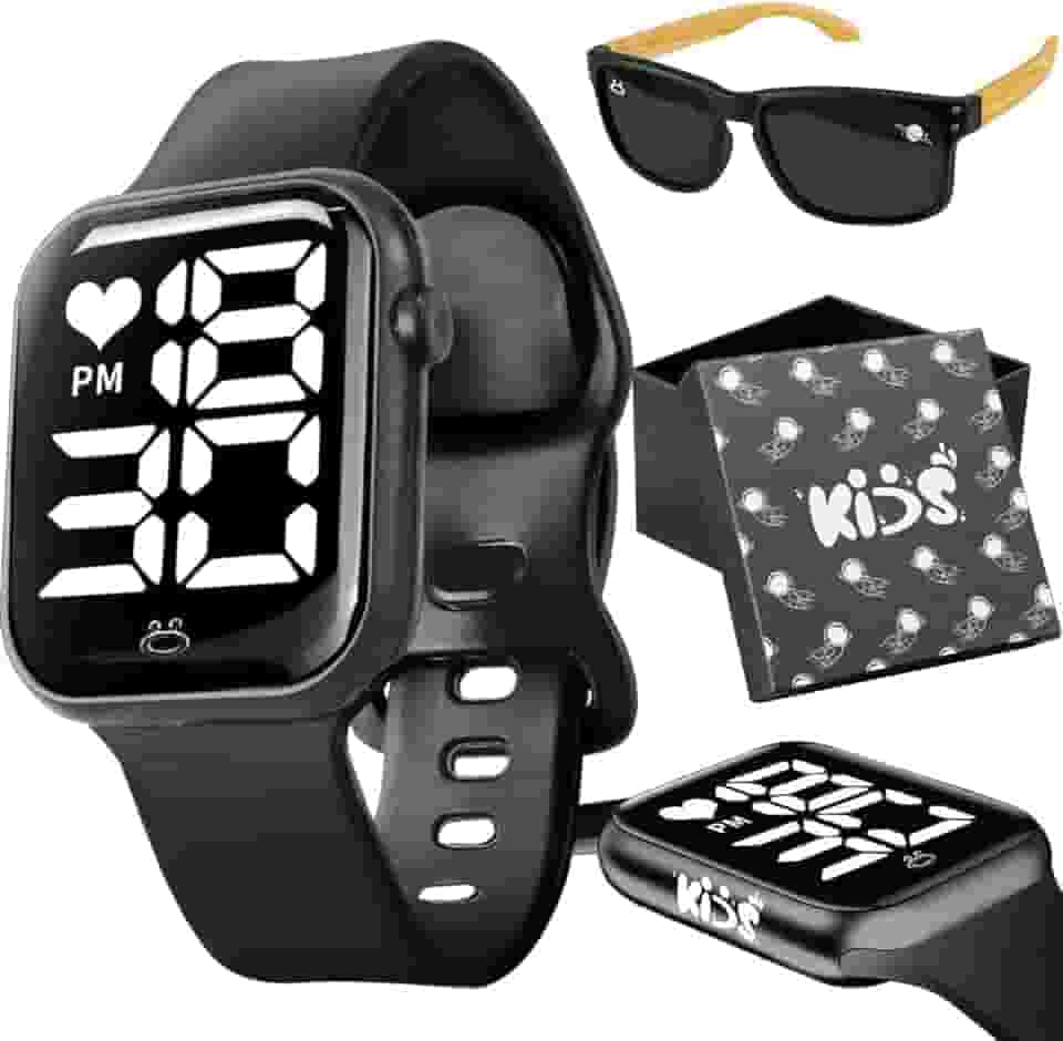 Relógio Digital Infantil Preto com LED + Óculos de Sol com Haste Madeira | Presente para Meninos de 3 a 12 Anos com Proteção UV e Caixa Premium