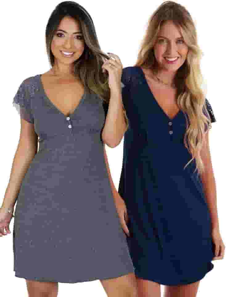 Kit com 2 Camisolas em Viscose com Detalhes Renda Estilo Camiseta Noite Dormir Amamentação Maternidade