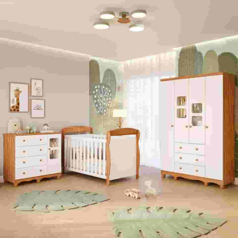 Quarto Bebê Completo Berço Americano Marquesa 3 em 1 Guarda Roupa 4 Portas Cômoda Uli 100% Mdf Móveis Peroba