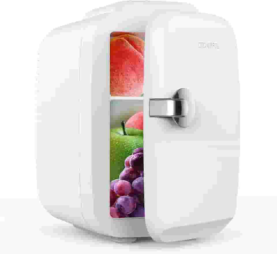CROWNFUL Mini geladeira, 4 litros/6 latas refrigerador portátil e aquecedor pessoal para cuidados com a pele, cosméticos, bebidas, alimentos, ótimo para quarto, escritório, carro, branco, 120V