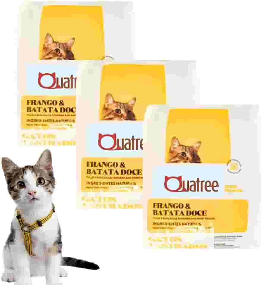 Kit Premium com 3 Rações Quatree Para Gatos Castrados Sabor Frango e Batata Doce | Pacotes de 1kg Cada | Alimentação Saudável e Desenvolvimento Sustentável