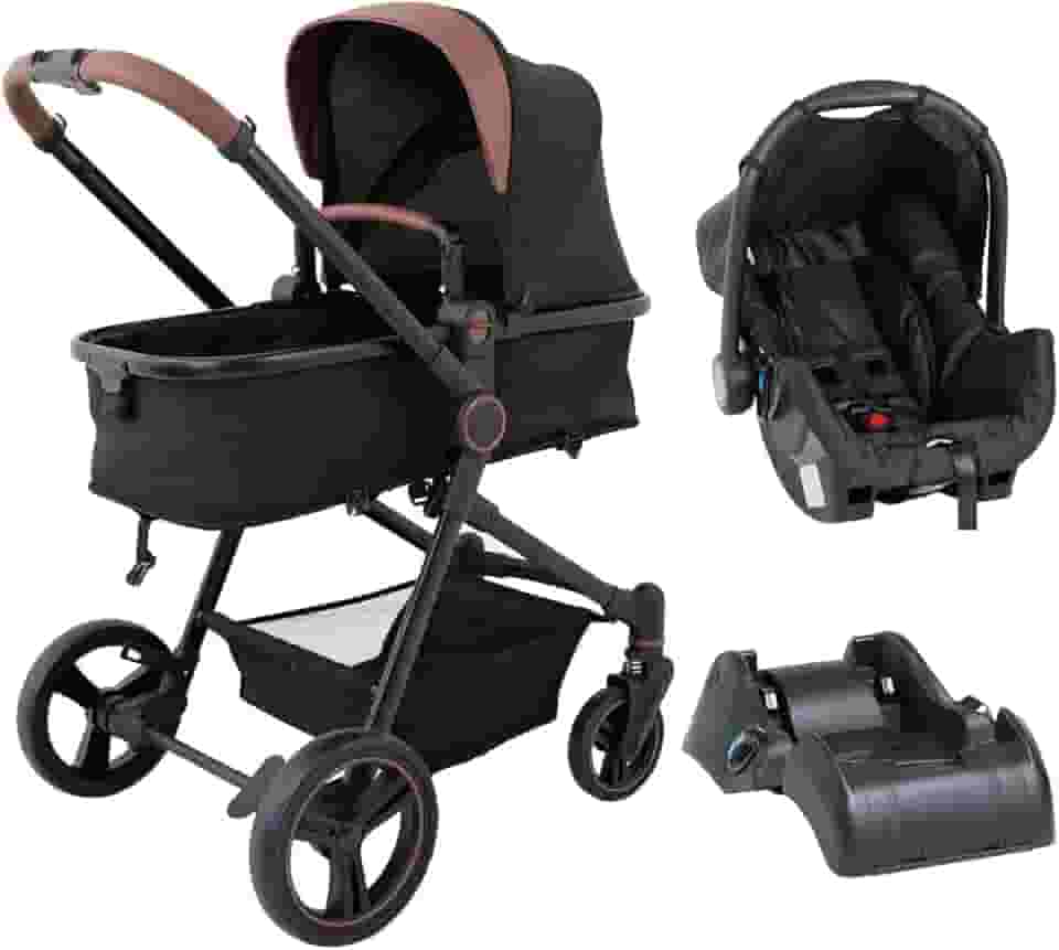 Carrinho de Bebê Ivy TRIO Berço Passeio Moisés com Bebê Conforto e Base Carro Travel System 0 a 15 Kg Preto Caramelo