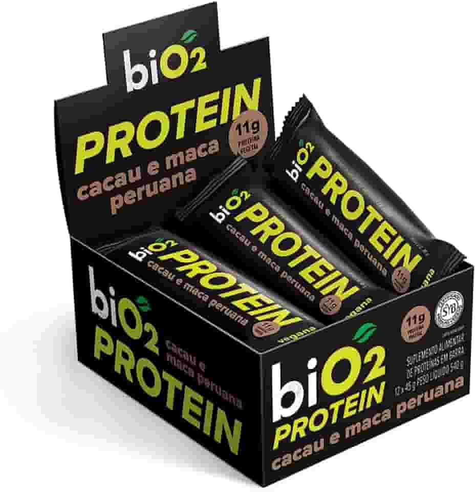Barra de Proteína biO2 Protein Cacau, Maca Peruana e Pasta de Amendoim, Caixa com 12 unidades de 45 g, Vegana e sem Glúten