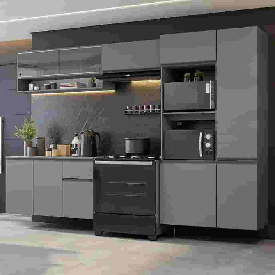 Armário de Cozinha Completa Suspenso 300cm Cinza Nice Madesa 07
