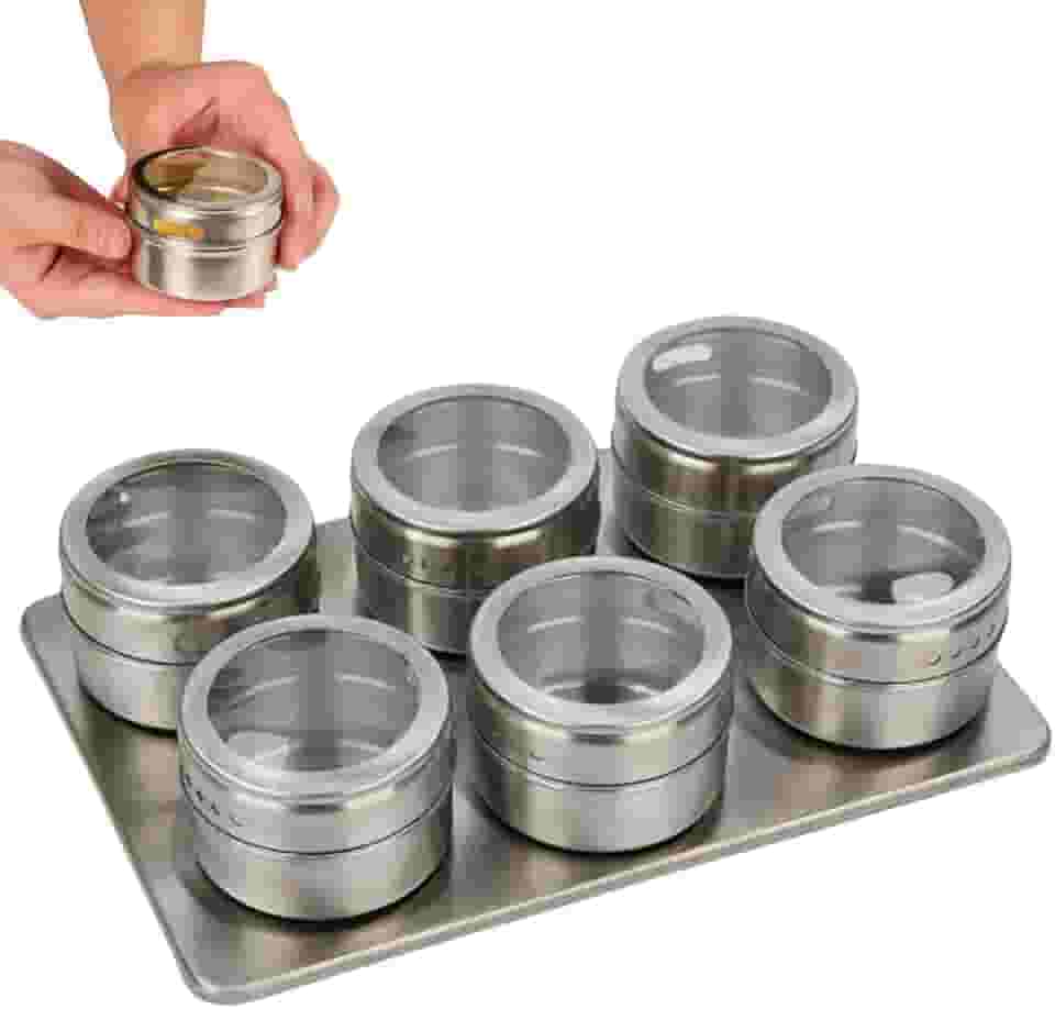 Porta Condimentos Temperos Magnético com Potes e Suporte Inox – Organizadores de Temperos com Visor, Ideal para Cozinha Moderna (Retangular 6 pcs)