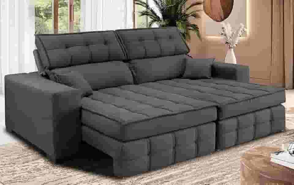 Sofá Retrátil e Reclinável 2,00m Molas Ensacadas e Costura Tripla Cama Inbox Nobre Suede Cinza