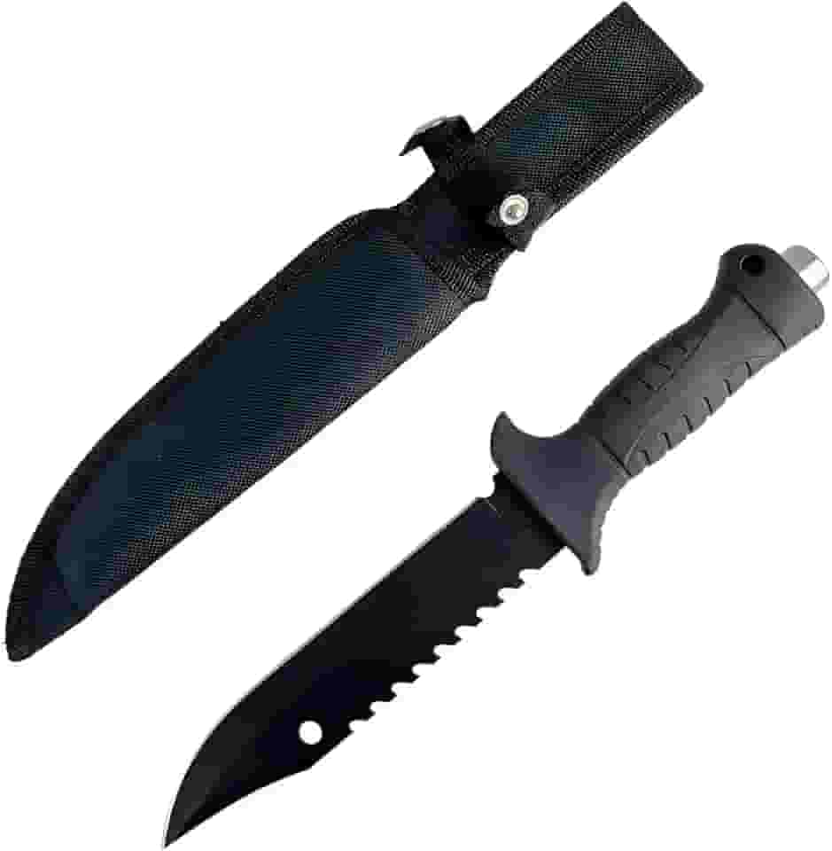 Faca Tática de Sobrevivência, Aço Inox, 31cm, Lâmina 18cm, Cabo 13cm, com Bússola e Bainha, Preta para Camping e Emergência