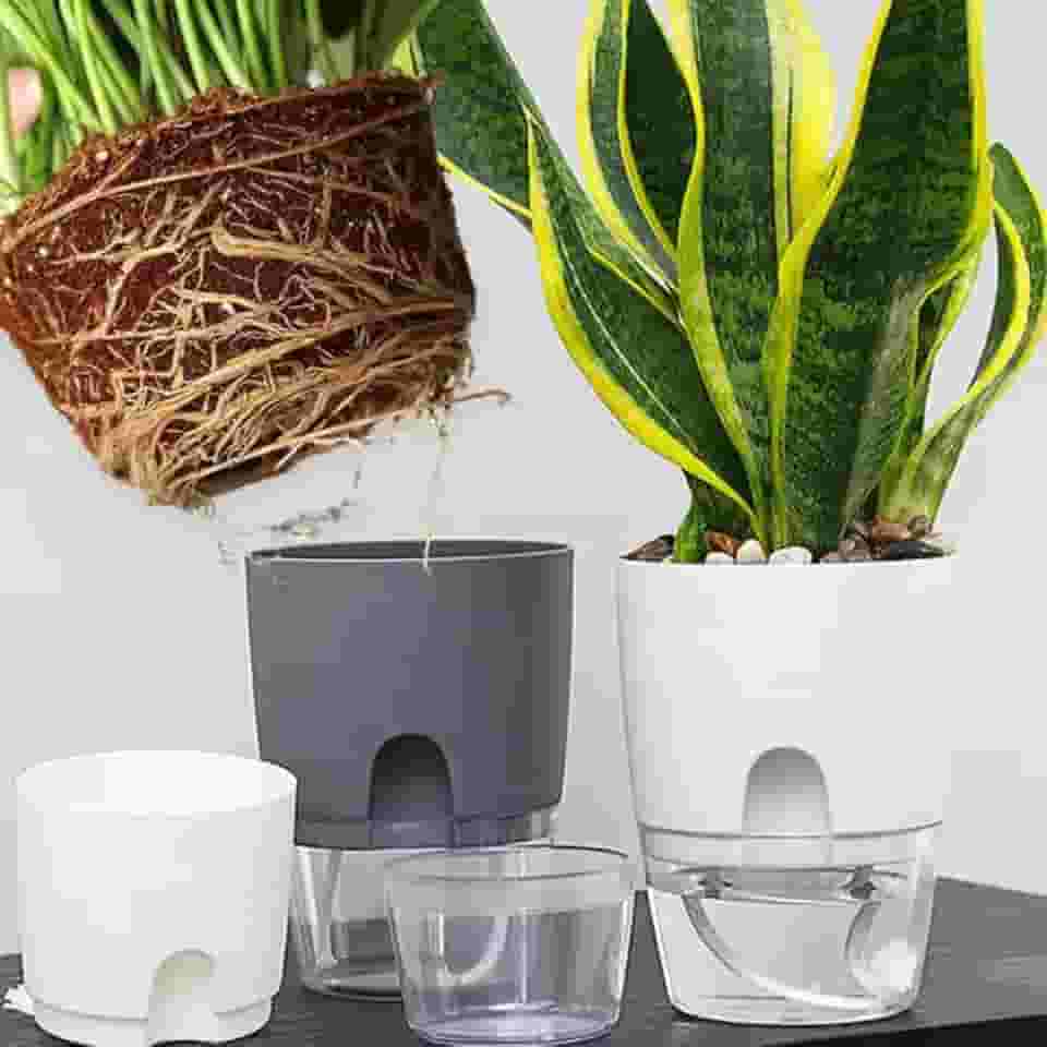 1/2 vasos de flores autoirrigáveis, vasos autoirrigáveis para plantas de interior, vasos de plástico com corda de algodão absorvente (branco e cinza)