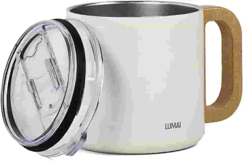 Caneca Térmica Branca LUMAI 350ml com Cabo Alça de Madeira – Aço Inox 304 de Parede Dupla, Tampa Acrílica Antivazamento, Mantém Temperatura por Horas – Ideal para Café, Chá e Bebidas Quentes e Frias
