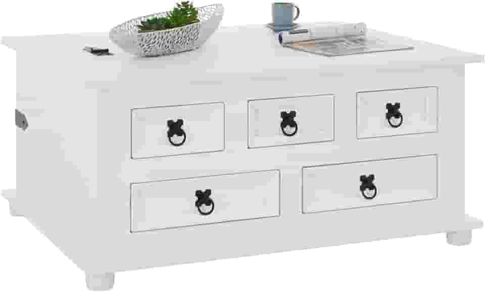 IDIMEX Mesa Centro Madeira Baú Organizador 5 Gavetas Rústico Branco Tequila