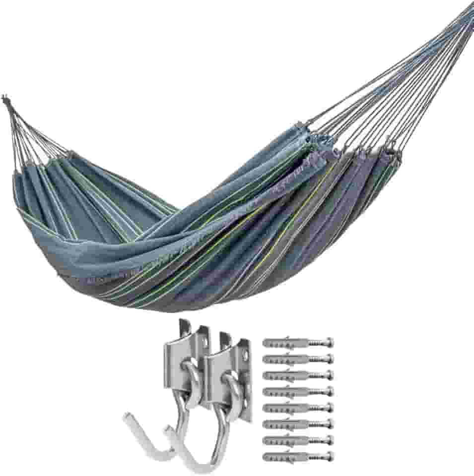 Kit com Rede de Descanso Cinza com Listras Coloridas com 1 Par de Ganchos, 3,60m x 1,40m, com Par de Ganchos, Suporta 200kg