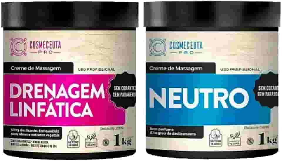 Creme de Massagem Profissional COSMECEUTA Drenagem Linfática + Neutro 1Kg - Alto desempenho, com grande ação deslizante, rendem em média 15 massagens corporais completas