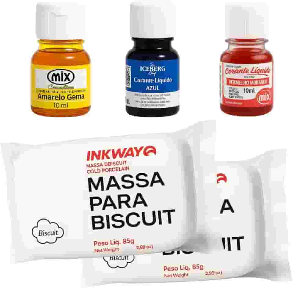 Kit Massa Para Biscuit Branca Natural 170 Gramas E 3 Corantes Líquidos Vermelho Amarelo E Azul Cores Primárias 10 Ml