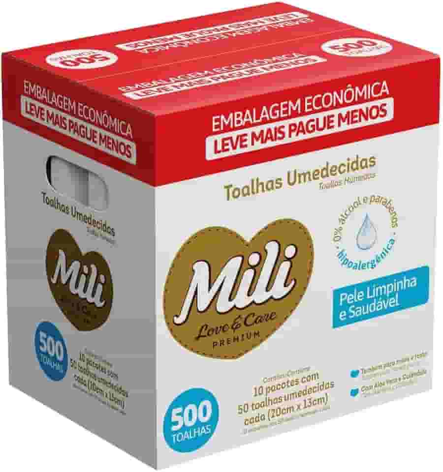 Pack Toalhas Umedecidas MILI Love & Care Premium, 500 Unidades (10 Pacotes de 50) – Mais Grossa, Hipoalergênica, com Aloe Vera e Calêndula