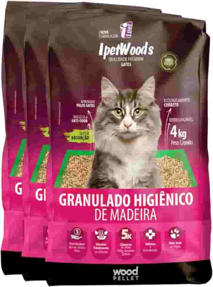 Kit Granulado Higiênico de Madeira para Gatos Ipet Woods, 12kg, Super Absorção, Biodegradável