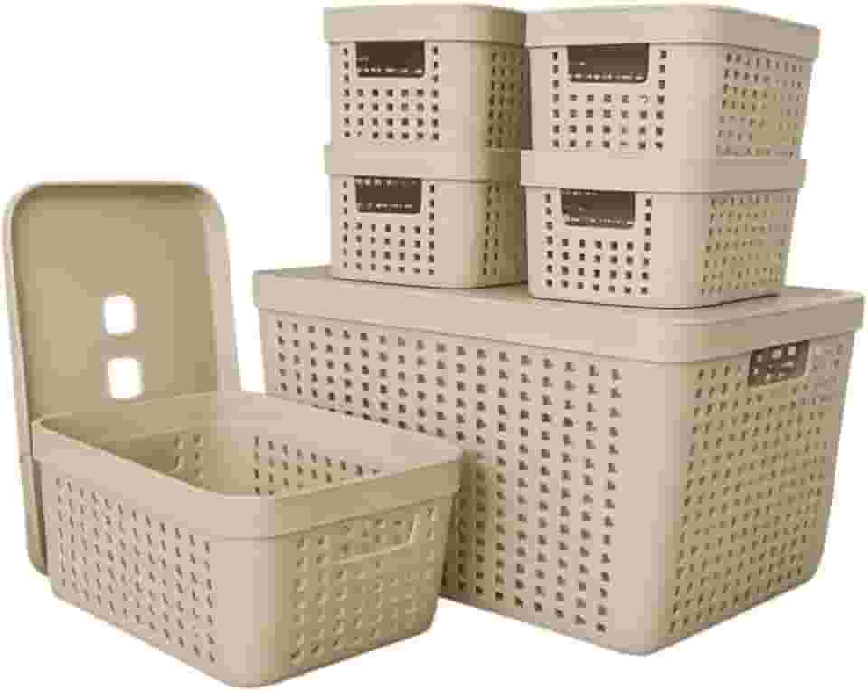Kit 6 Caixas Organizadoras com Tampa 2L 4,5L 17L Plástico Resistente Empilhável Quarto Cozinha Escritório Brinquedos (BEGE)