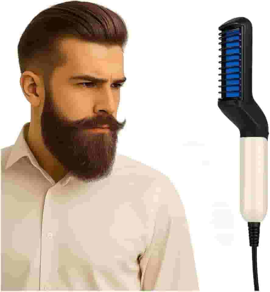 Pente Elétrico Modelador Masculino 2 em 1 – Alisador para Barba e Cabelo, Aquecimento Rápido, Compacto e Fácil de Usar