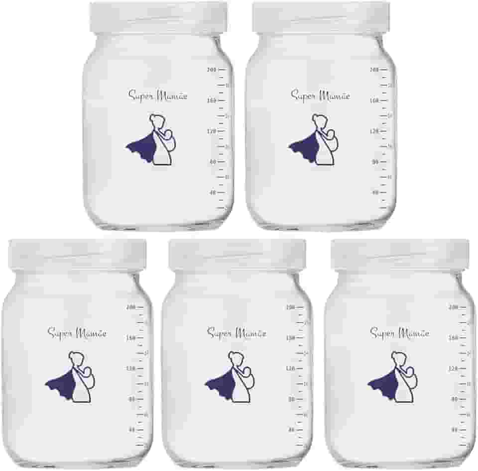 Kit com 5 Potes de Vidro para Armazenar Leite Materno 200ml Com Graduação Super Mamãe