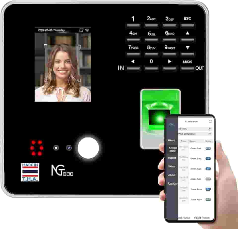 NGTeco Relógios de ponto para funcionários pequenas empresas com rosto, digitalização de dedo, RFID e perfuração de PIN em um, máquina de cartão de ponto de escritório MB2 perfurador automático com