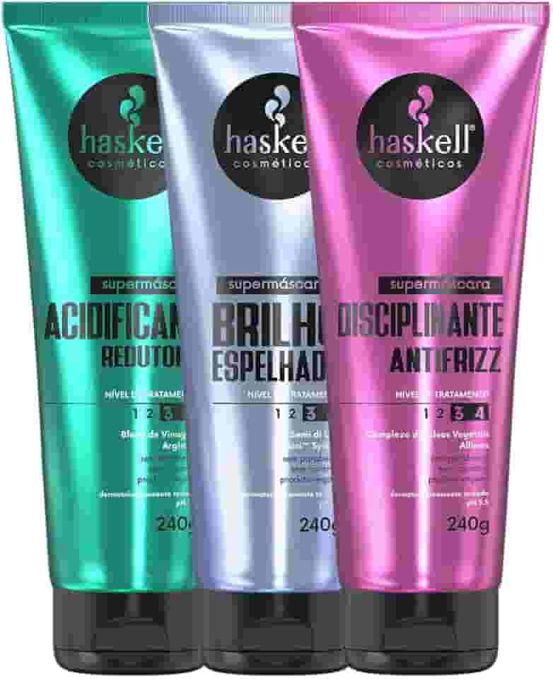 Kit Supermáscaras Haskell Acidificante Redutor de pH, Brilho Espelhado e Disciplinante Antifrizz 240g
