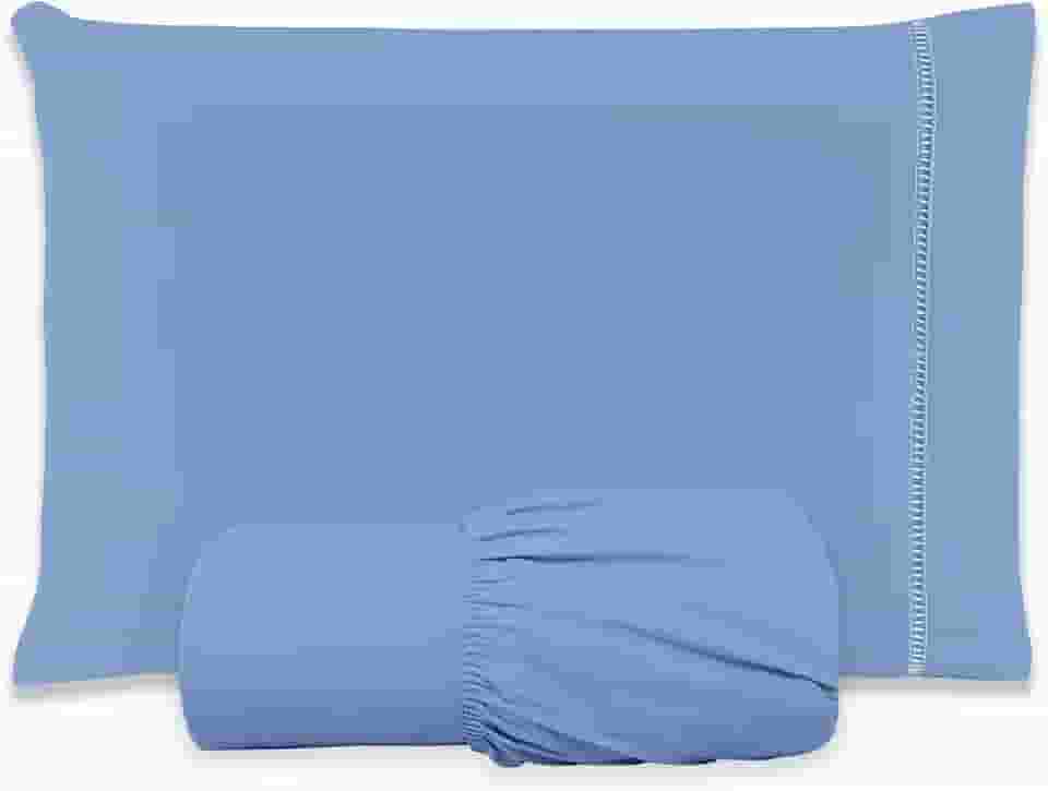 Jogo de Lençol SOLTEIRO 2 Peças 100% Algodão 200 Fios Lençol Com Elastico Lençol e Fronha Com PONTO PALITO (AZUL, SOLTEIRO 2 PEÇAS)