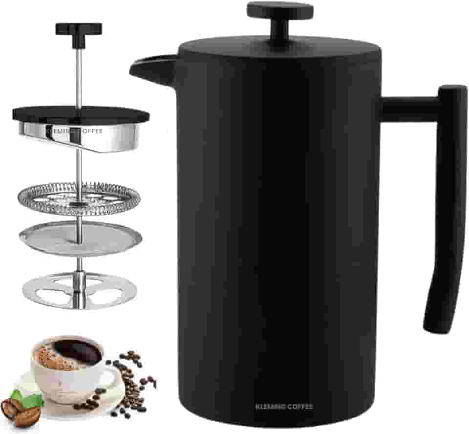 KLEMING COFFEE |Cafeteira de Prensa Francesa com Parede Dupla em Aço Inoxidável,700 ml, Térmica, 60 MinutosTempo de Preservação do Calor, Filtragem Perfeita, Aço Inox 304 Preta