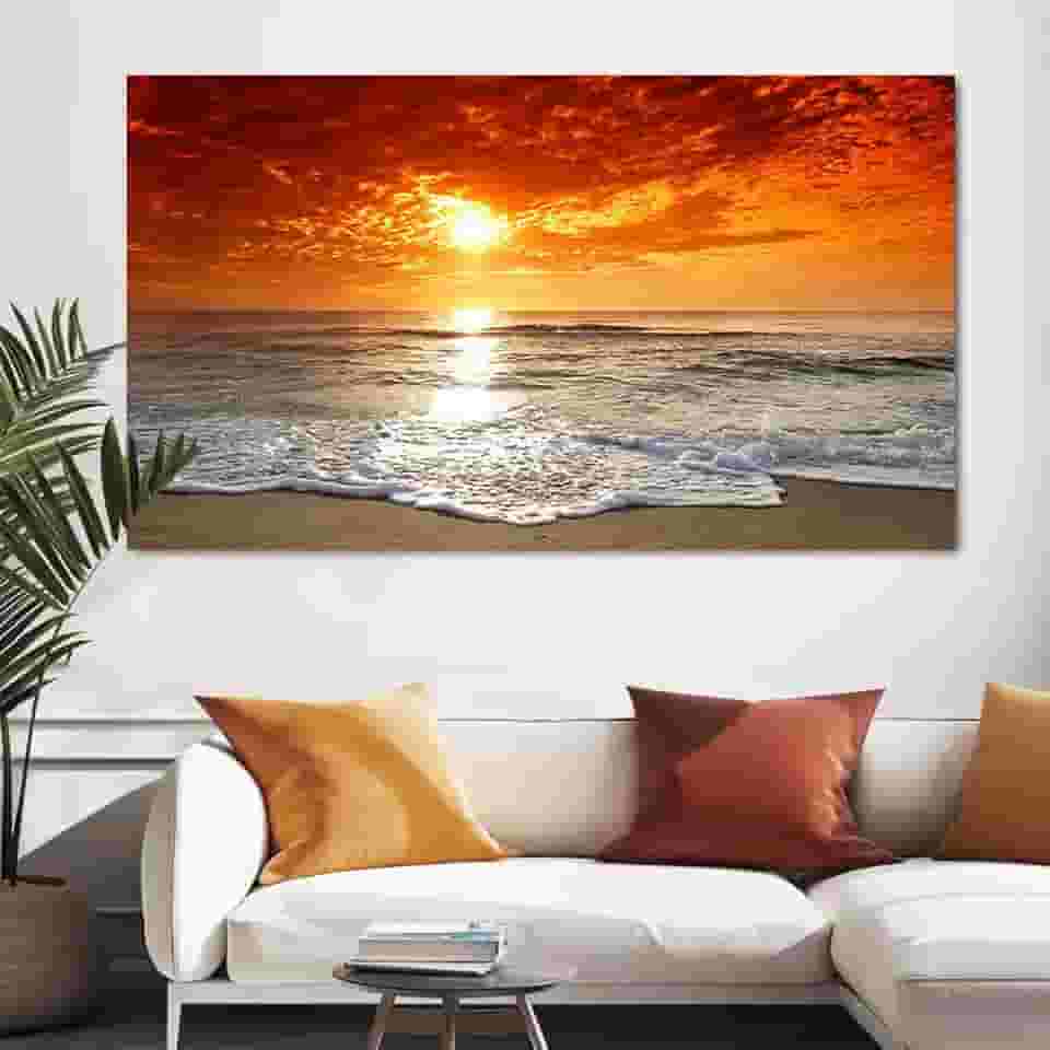Quadro Decorativo Paisagem Por do Sol Praia, Tela em Canvas na Horizontal ideal para ambiente de Sala de estar, jantar, reuniões, Quarto e Hall de entrada
