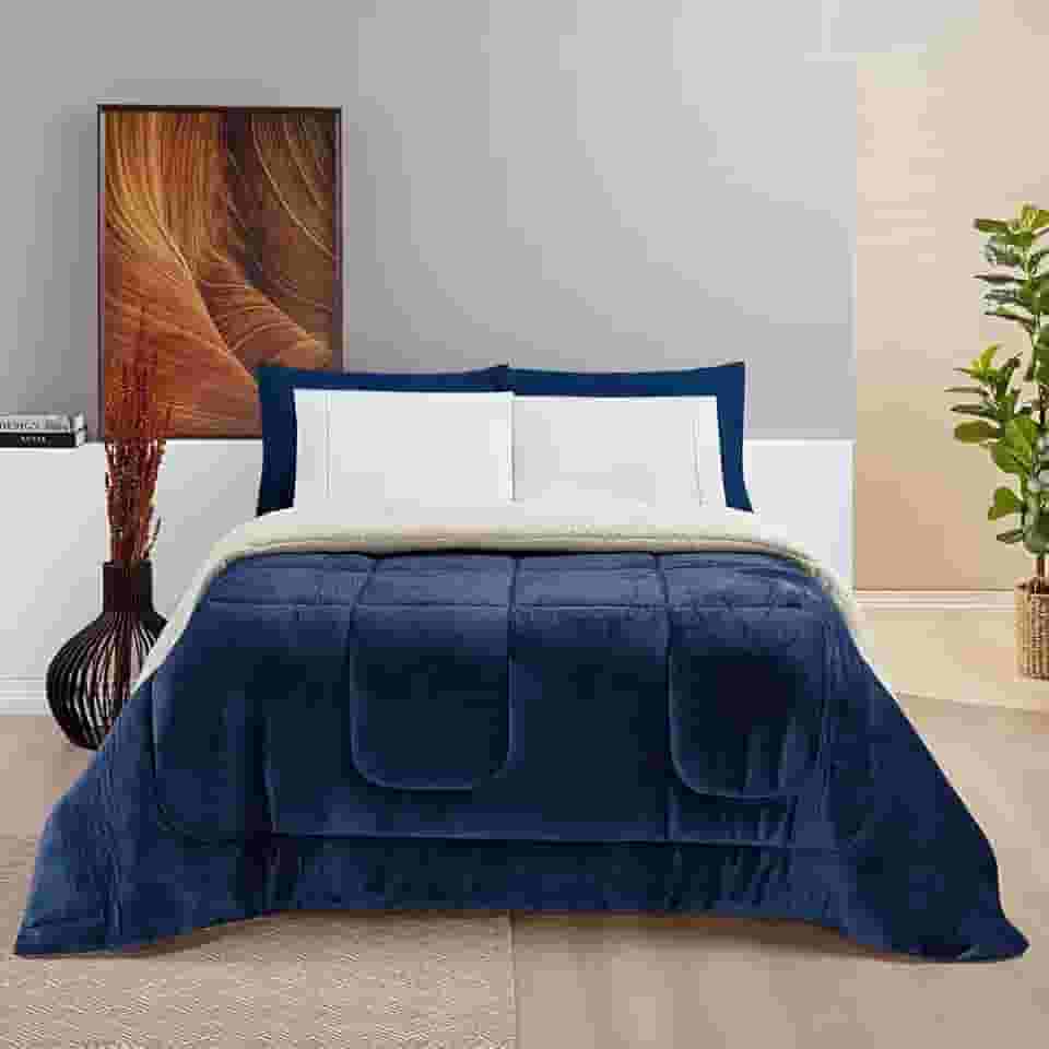 Cobertor QUEEN GIGANTE Manta Coberta Sherpa Macio Frio Intenso Grosso Coberdrom Dupla Face (Marinho)