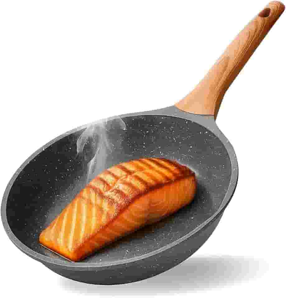 Frigideira Antiaderente Grande 24cm Revestimento Cerâmica Cabo de Madeira Frita Sem Óleo Saudável Resistente Funda e Durável Compatível com Fogão de Indução Gás Elétrico e Vitrocerâmico Fácil Limpeza