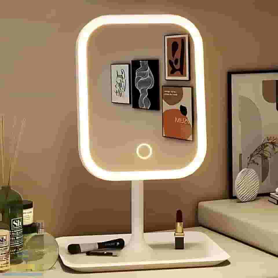 Espelho de Mesa para Maquiagem Recarregável com Luzes LED em 3 Cores Ajustáveis com Botão Touch Screen e Base Porta Objetos Jóias
