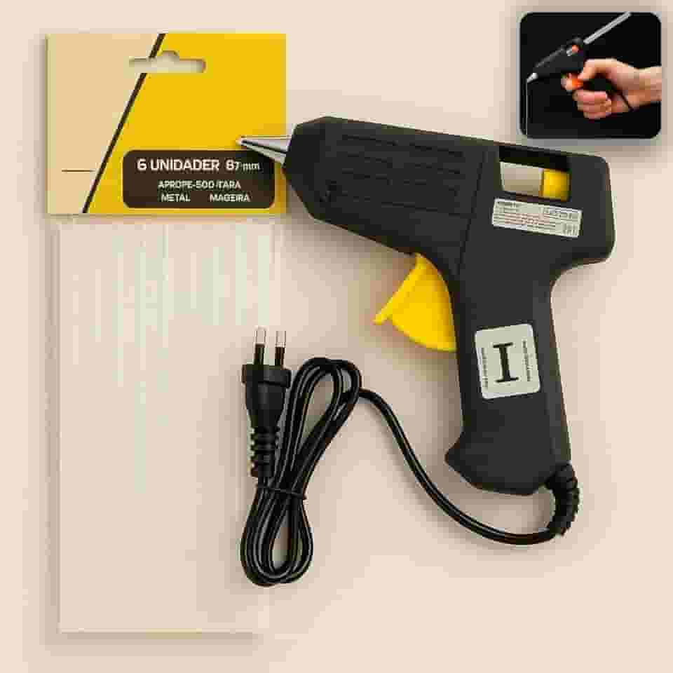 Pistola de Cola Quente Pequena 8W Bivolt + 6 Refil 7,2mm – Aquecimento Rápido, Kit Completo para Artesanato e Reparos – Certificada Inmetro– Preto