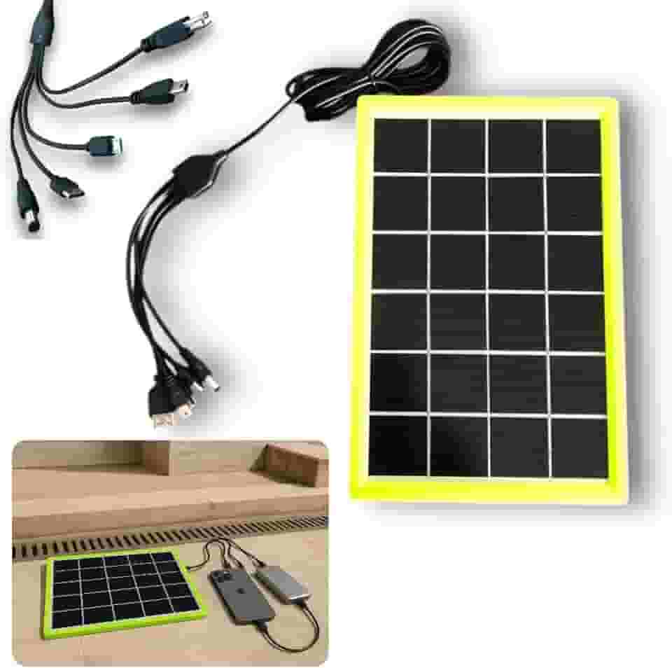 Mini Placa Painel Solar Portátil, 6W, 6V, 27x18cm, 5 Pontas USB, Policristalino