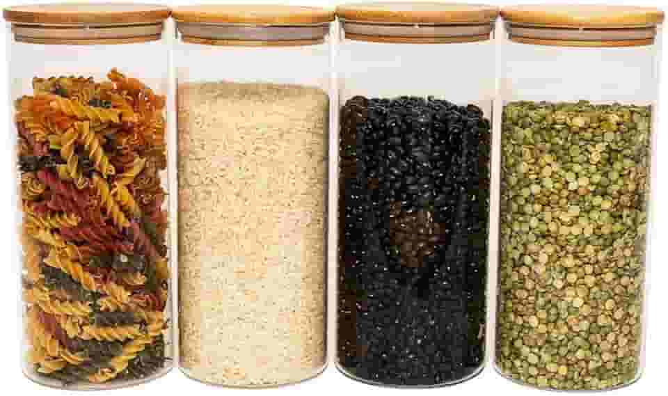 Oikos - Kit 4 Potes de Vidro 1,65L com Tampa Bambu Herméticos Redondos