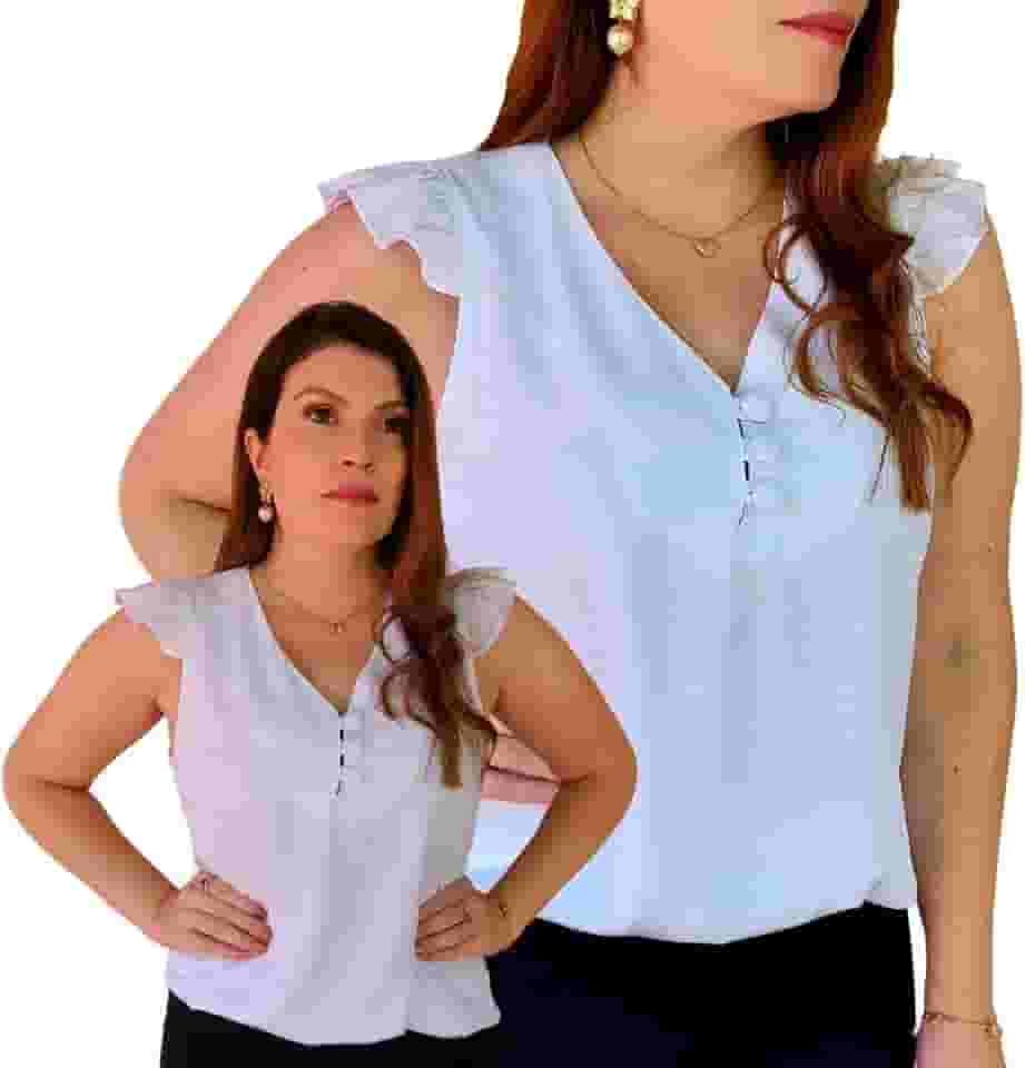 Blusa Social Regata Babado Bufante Feminina Botões Tecido Viscolinho