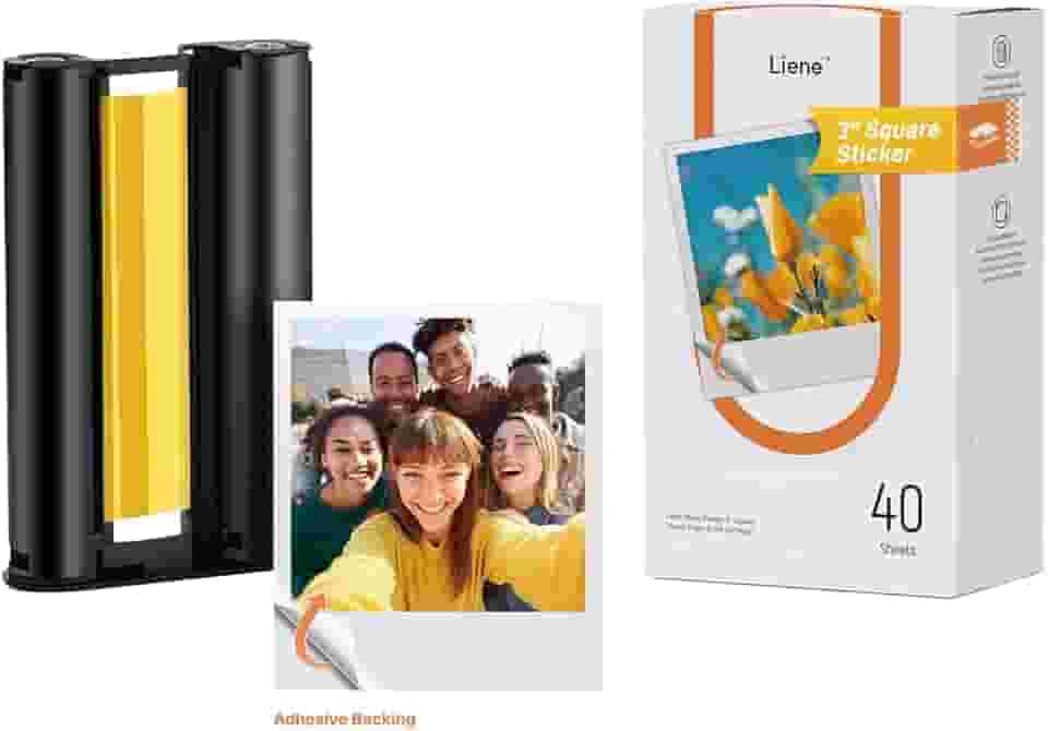 Liene Papel fotográfico M110 7,6 x 7,5 cm, 40 folhas e 1 cartucho, papel adesivo para impressora fotográfica premium, impermeável, à prova de manchas, papel fotográfico instantâneo para impressora
