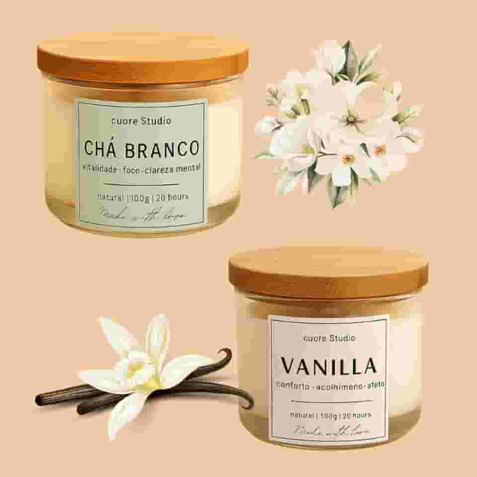 Kit 2 Velas Aromáticas Chá Branco e Vanilla 100gr cada | cuore Studio