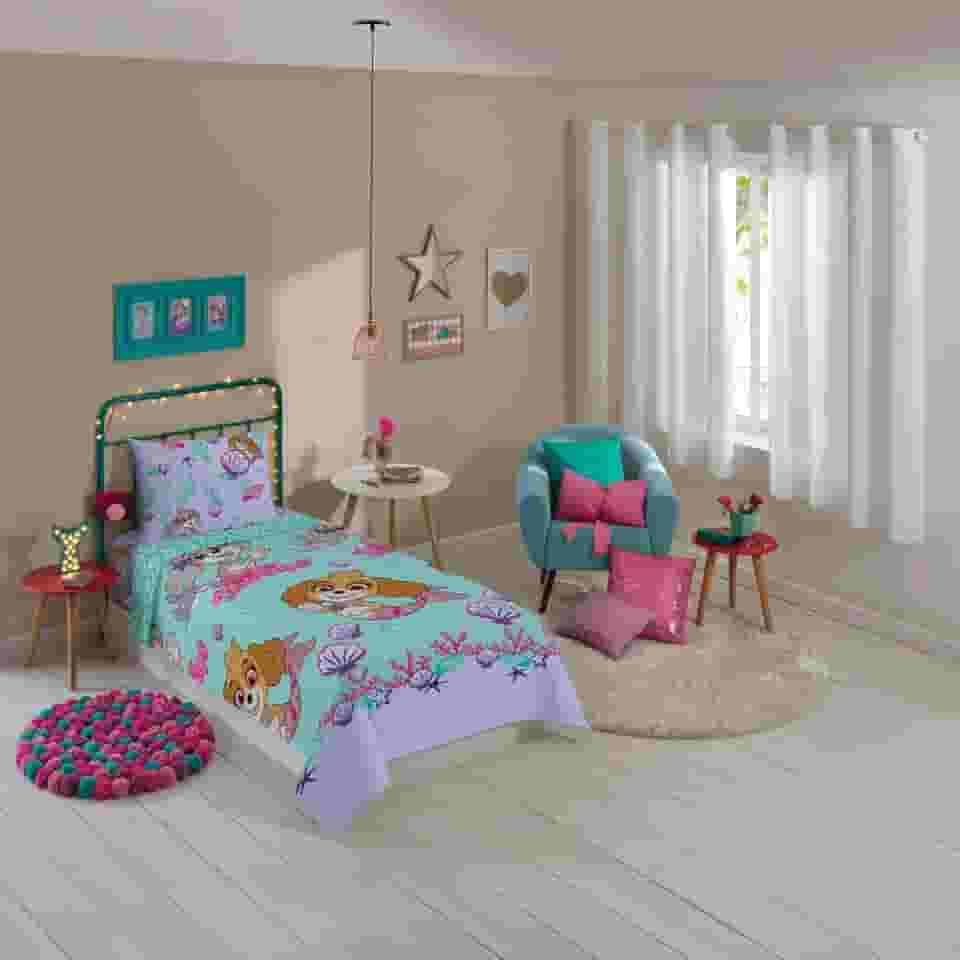 Jogo de Cama Microfibra Solteiro Estampado Patrulha Canina Menina 1,40 m x 2,20 m Com 3 peças