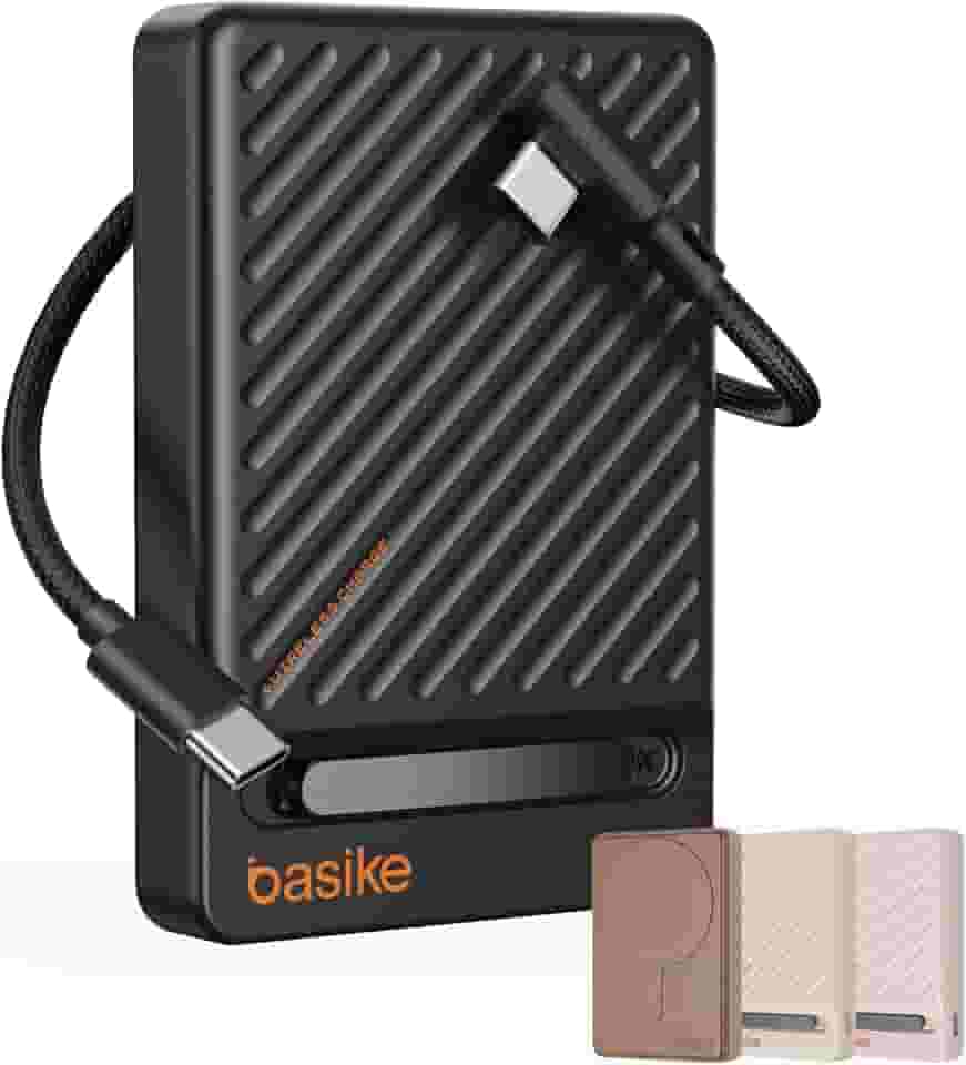 Basike, Power Bank Indução10000 mAh, Carregador Portatil Indução, Carregamento Rápido Máximo de 22,5W, Cabo USB-C Removível e Suporte Ajustável, para iPhone Série 16/15/14/13/12, AirPods (Preto)