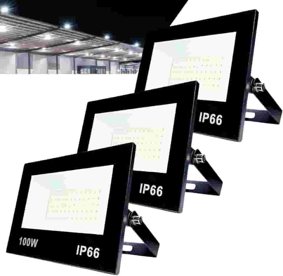 Kit com 3 Refletor LED Holofote 100W Branco Frio 6500K - IP66 à Prova d’Água Econômico para Jardim, Fachada e Quintal Premium