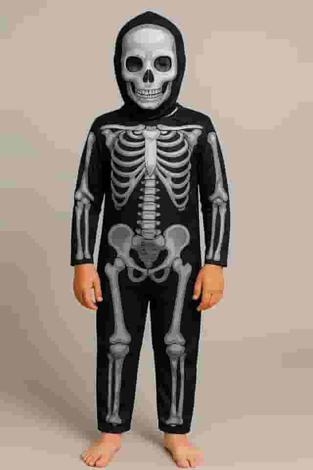 Fantasia Infantil Esqueleto Caveira Criança Halloween Unissex Roupa Mascara Luxo