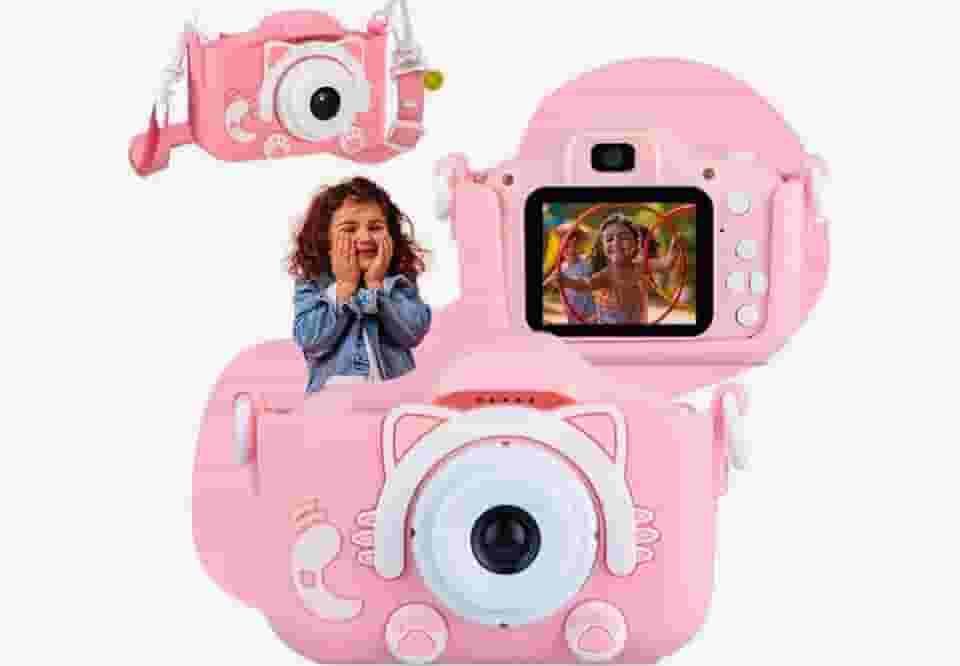 Câmera Infantil HD para Meninos e Meninas – Fotos e Vídeos, Tela LCD 2”, Jogos, Filtros e Bateria Recarregável - Rosa