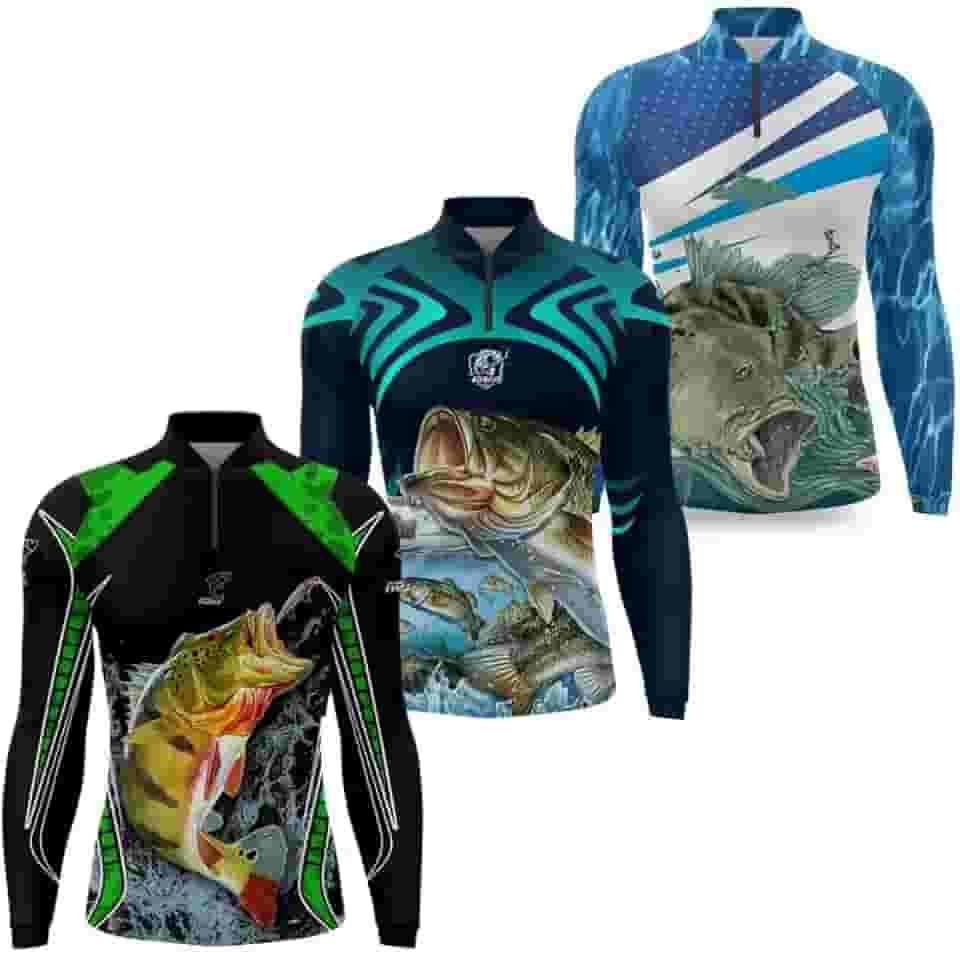 Kit 3 Camisa Pesca Masculina Camiseta Pescaria Blue Fish e River Manga Longa Protecao Solar UV50
