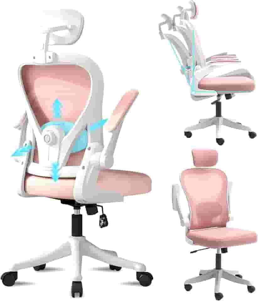 Cadeira de Escritório Ergonômica, Equipado com Suporte Lombar Ajustável, Tela Respirável e Apoio de Cabeça Ajustável, Ideal para Longos Períodos de Trabalho Sentado (Branco e Rosa)
