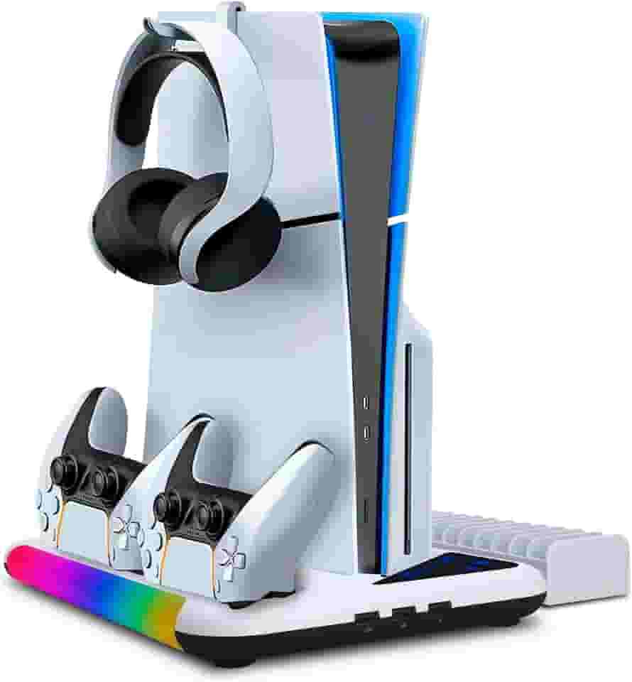 Suporte Cooler de Resfriamento RGB Carregador Controle Compatível com Console PS5 / PS5 Slim Playstation, com 2 Carregador Controle Bateria 600mah